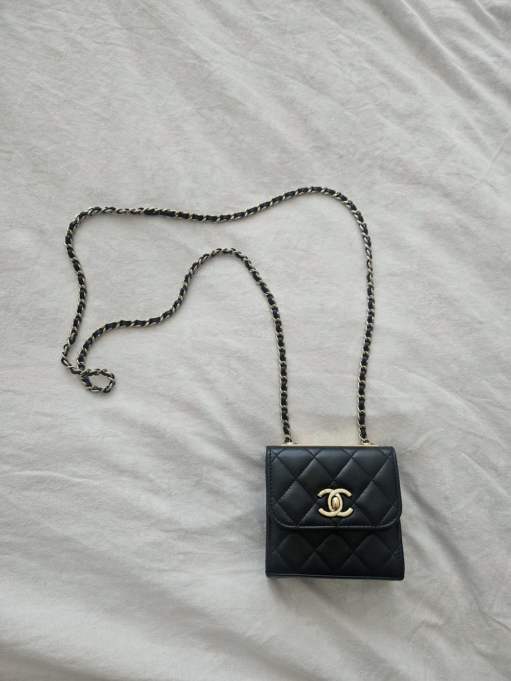 CHANEL Black Quilted Leather Mini Chain Wallet with Gold Hardware
